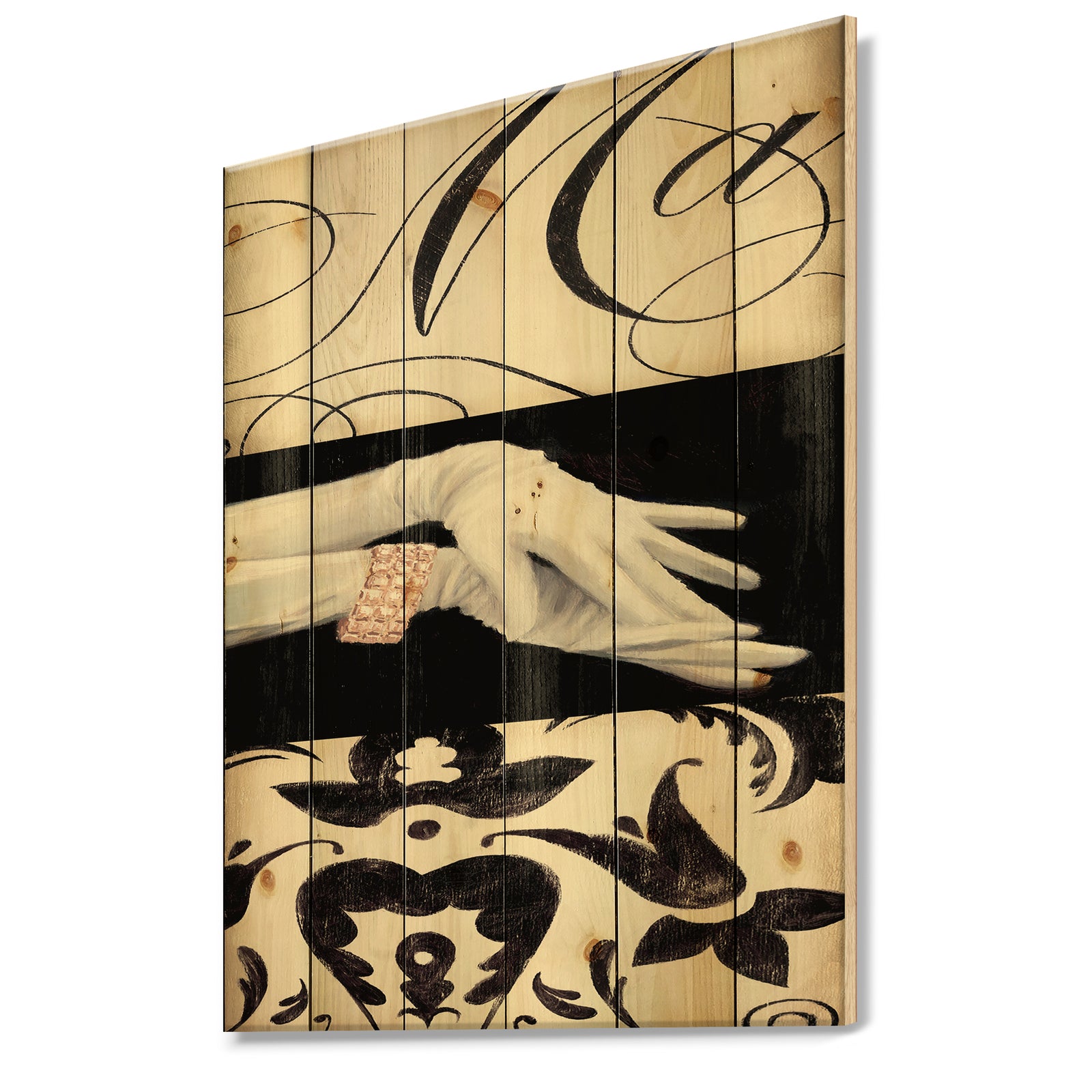 Black And White Fancy Glamorous Gloves - Fashion Print on Natural Pine Wood