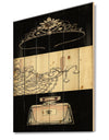 Chandelier, Parfum and Glamorous Tiara - Fashion Print on Natural Pine Wood