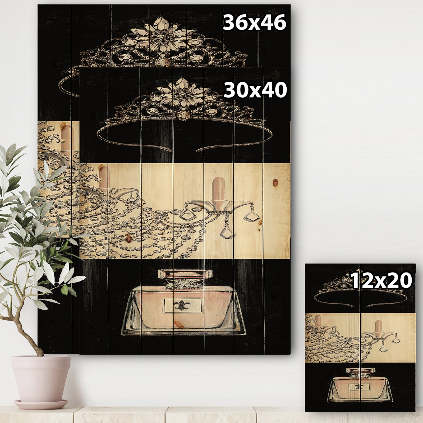 Chandelier, Parfum and Glamorous Tiara - Fashion Print on Natural Pine Wood