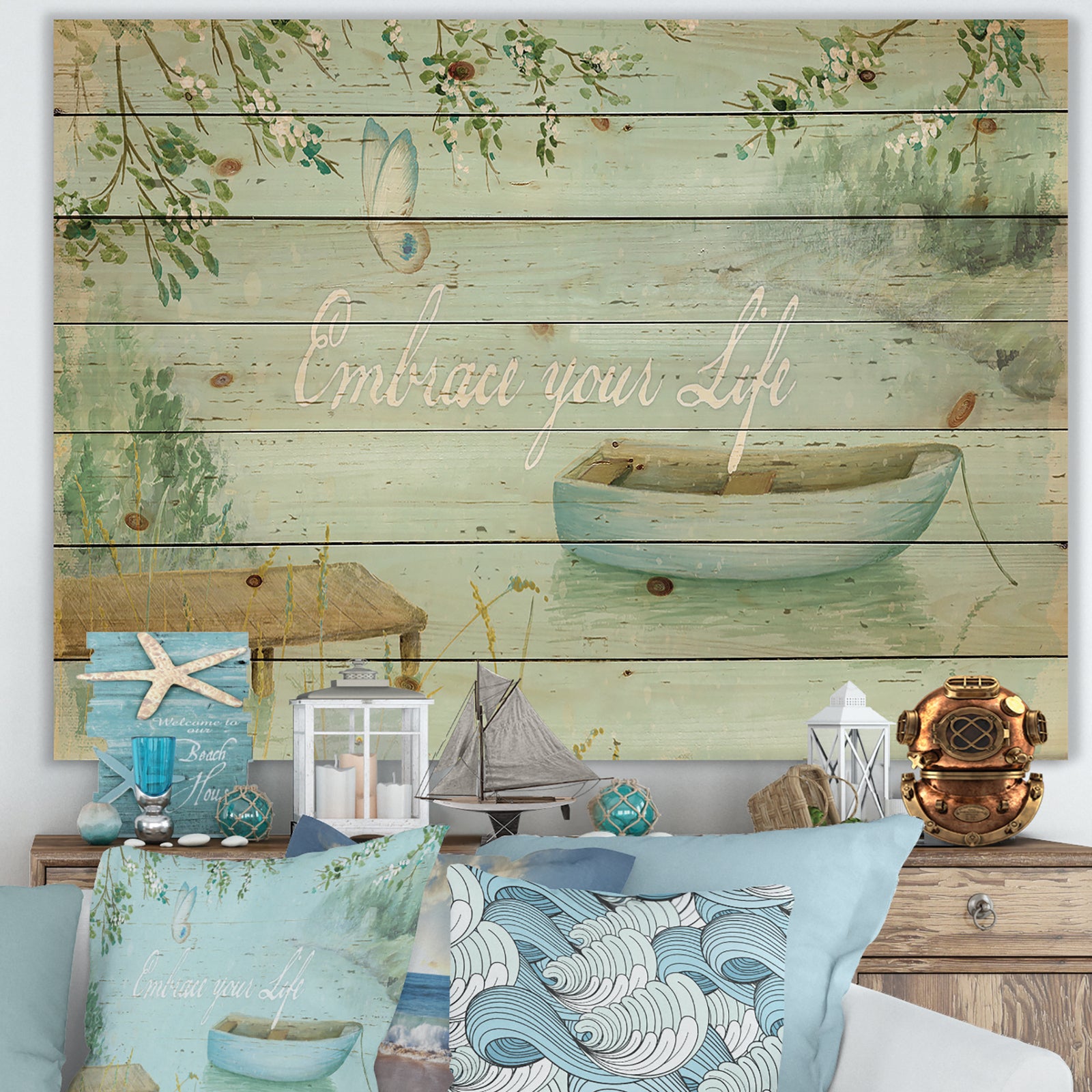 Lake House Canoes IV - Lake House Print on Natural Pine Wood