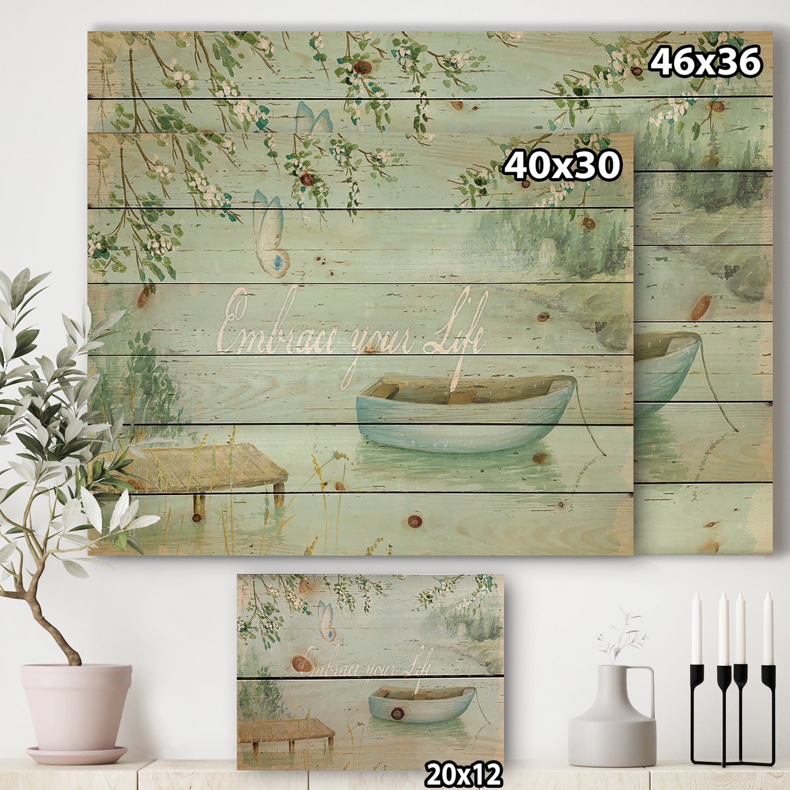 Lake House Canoes IV - Lake House Print on Natural Pine Wood