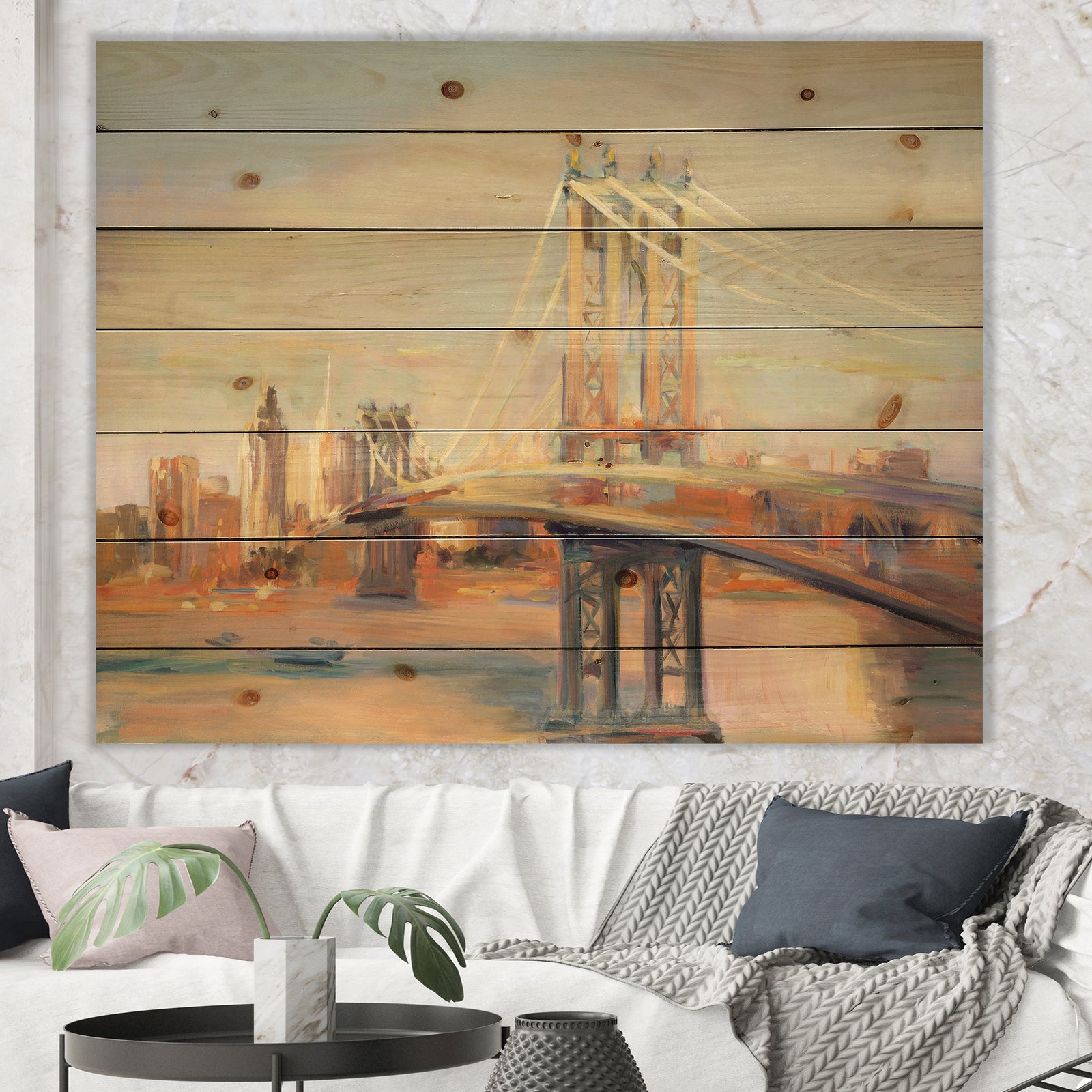 Manhattan Brooklyn Bridge - Traditional Print on Natural Pine Wood