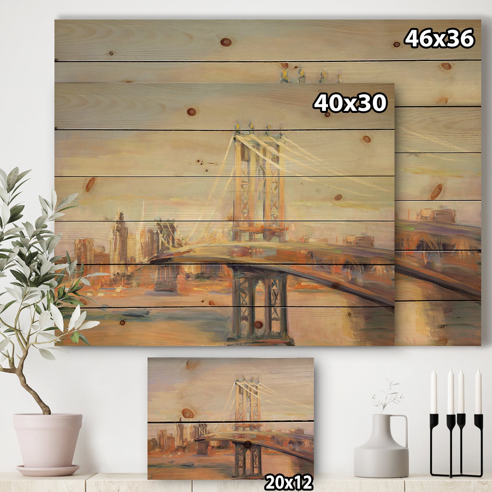 Manhattan Brooklyn Bridge - Traditional Print on Natural Pine Wood