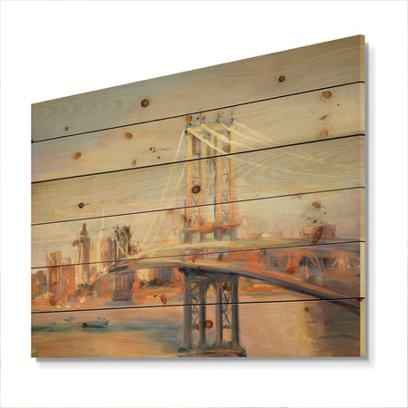 Manhattan Brooklyn Bridge - Traditional Print on Natural Pine Wood