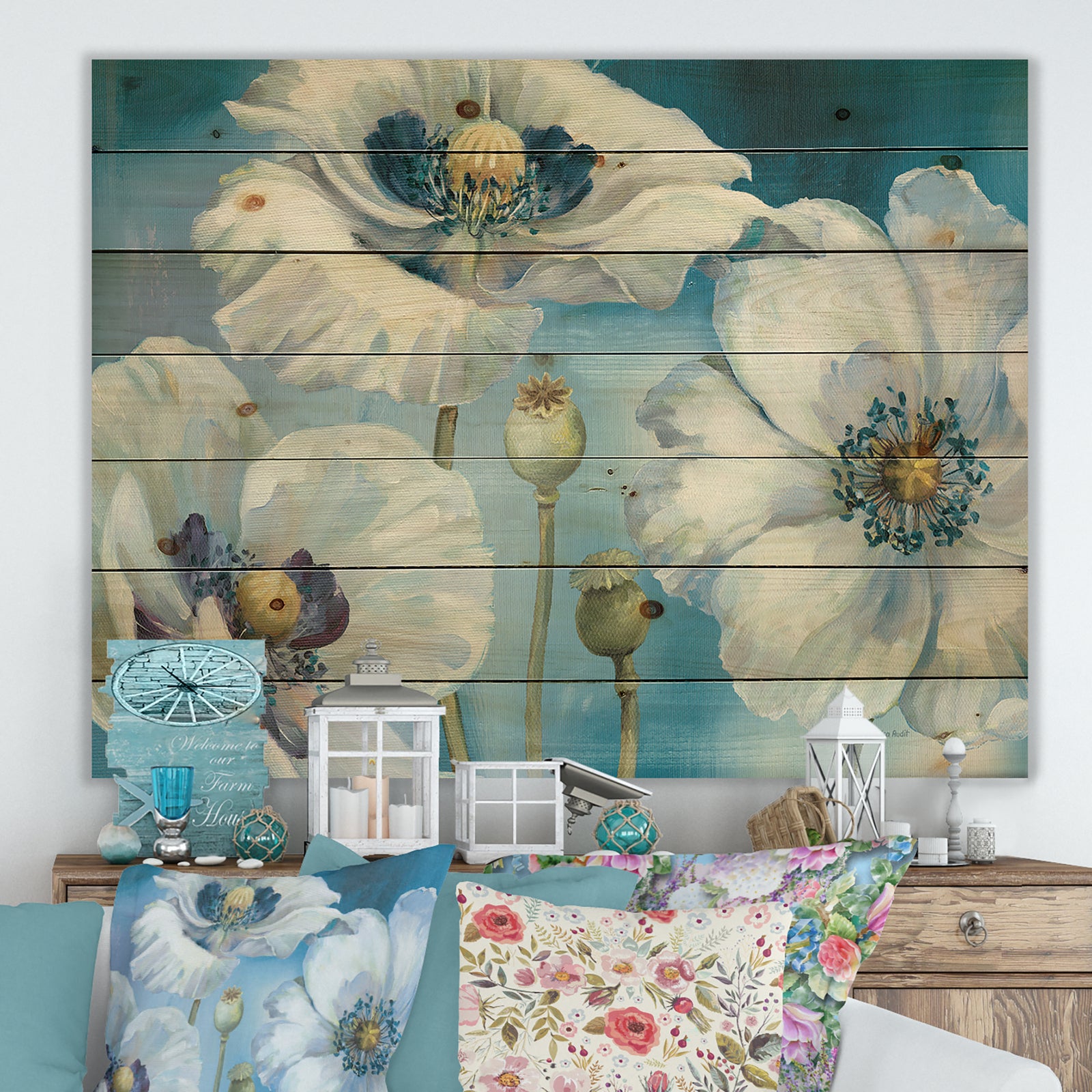 White Flower on Blue II - Farmhouse Print on Natural Pine Wood