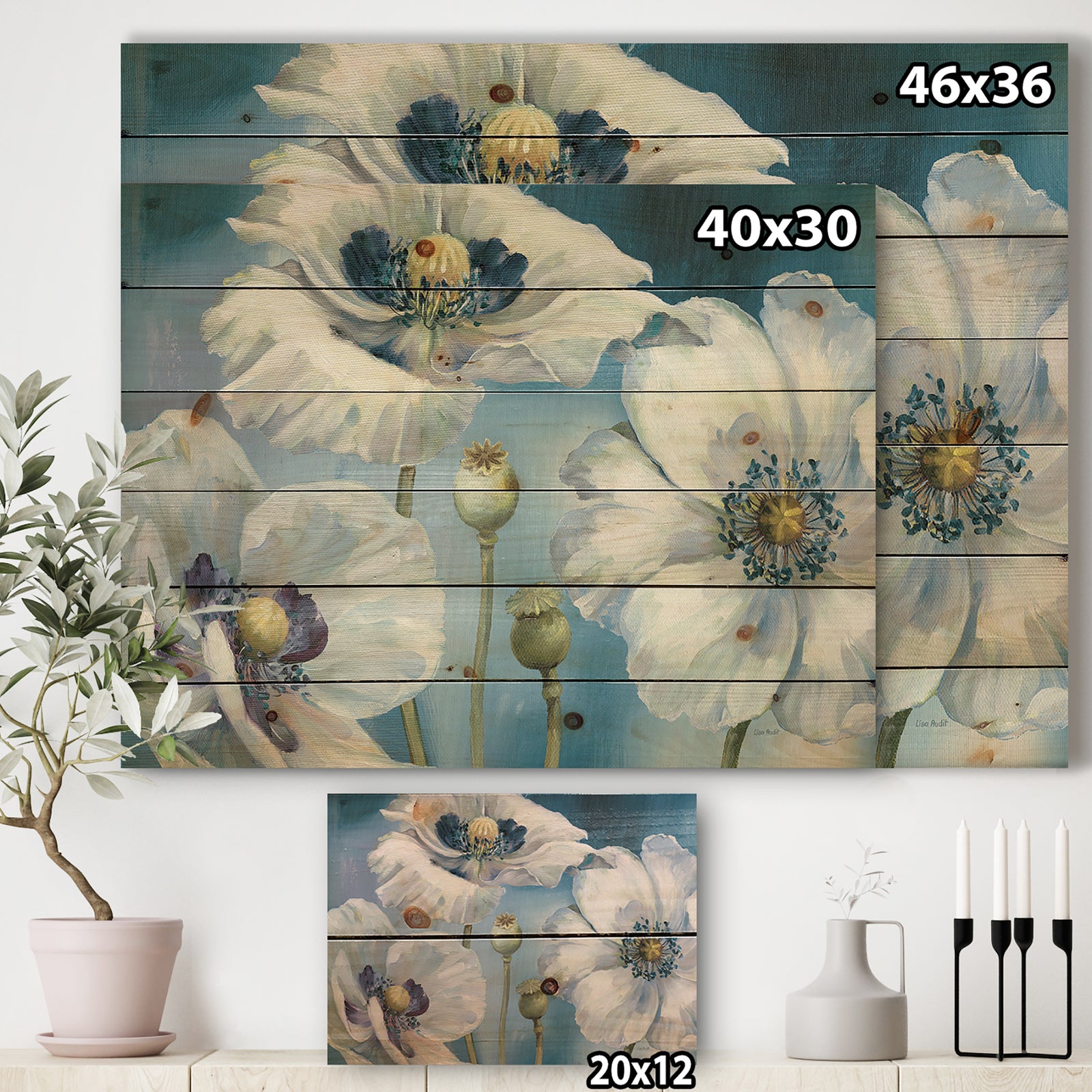 White Flower on Blue II - Farmhouse Print on Natural Pine Wood