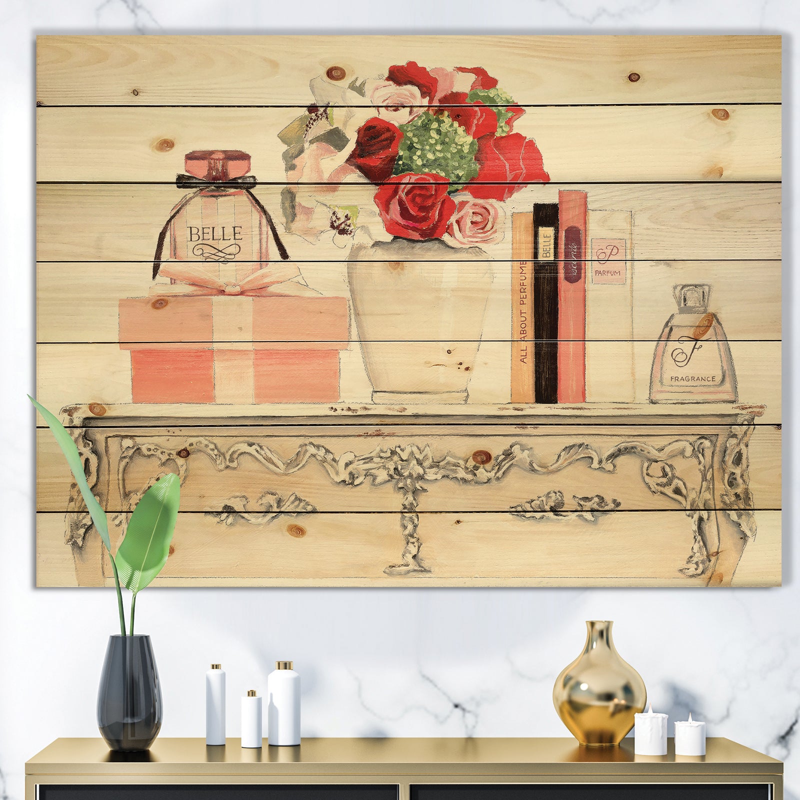 Roses, Fragrance and Glamorous Belle Parfum - Fashion Print on Natural Pine Wood
