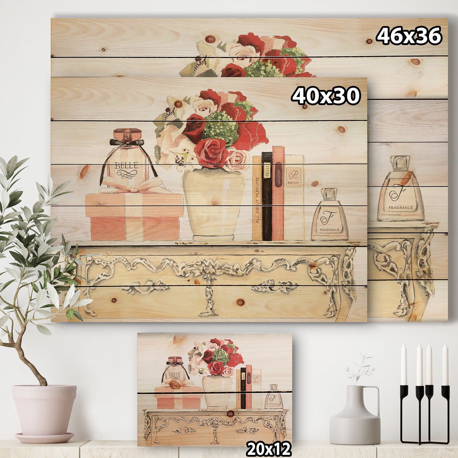 Roses, Fragrance and Glamorous Belle Parfum - Fashion Print on Natural Pine Wood