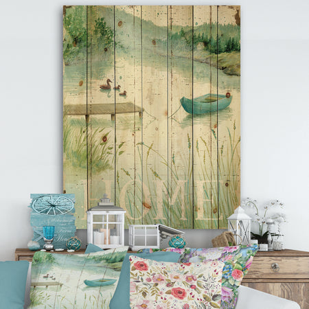 Lakeside Boats Welcome Home - Lake House Print on Natural Pine Wood