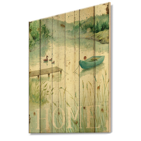 Lakeside Boats Welcome Home - Lake House Print on Natural Pine Wood