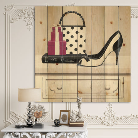 Fashion Stiletto and Glamorous Polka Purse - Fashion Print on Natural Pine Wood