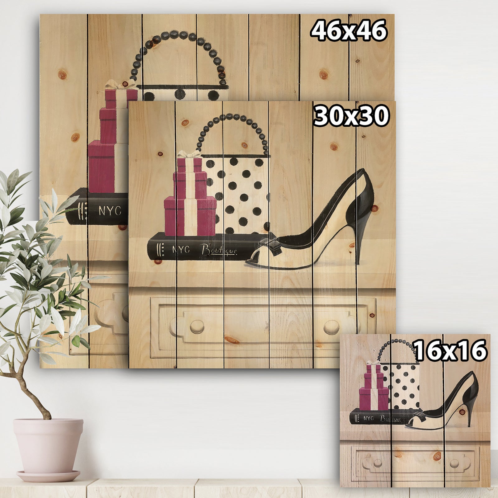 Fashion Stiletto and Glamorous Polka Purse - Fashion Print on Natural Pine Wood
