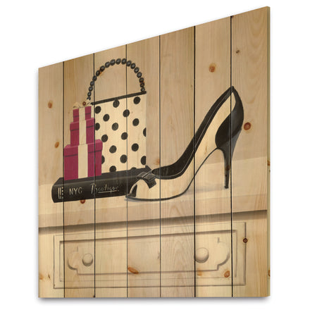 Fashion Stiletto and Glamorous Polka Purse - Fashion Print on Natural Pine Wood