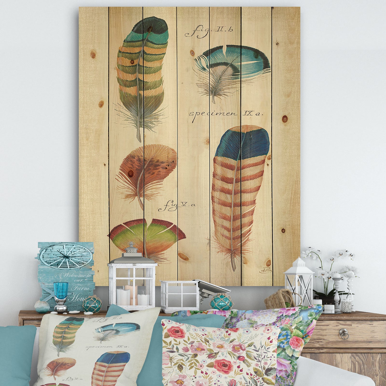 Feathers Cottage Family II - Cabin & Lodge Print on Natural Pine Wood