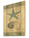 Seastar and Blue Sea Shell I - Nautical & Coastal Print on Natural Pine Wood