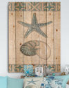 Seastar and Blue Sea Shell I - Nautical & Coastal Print on Natural Pine Wood