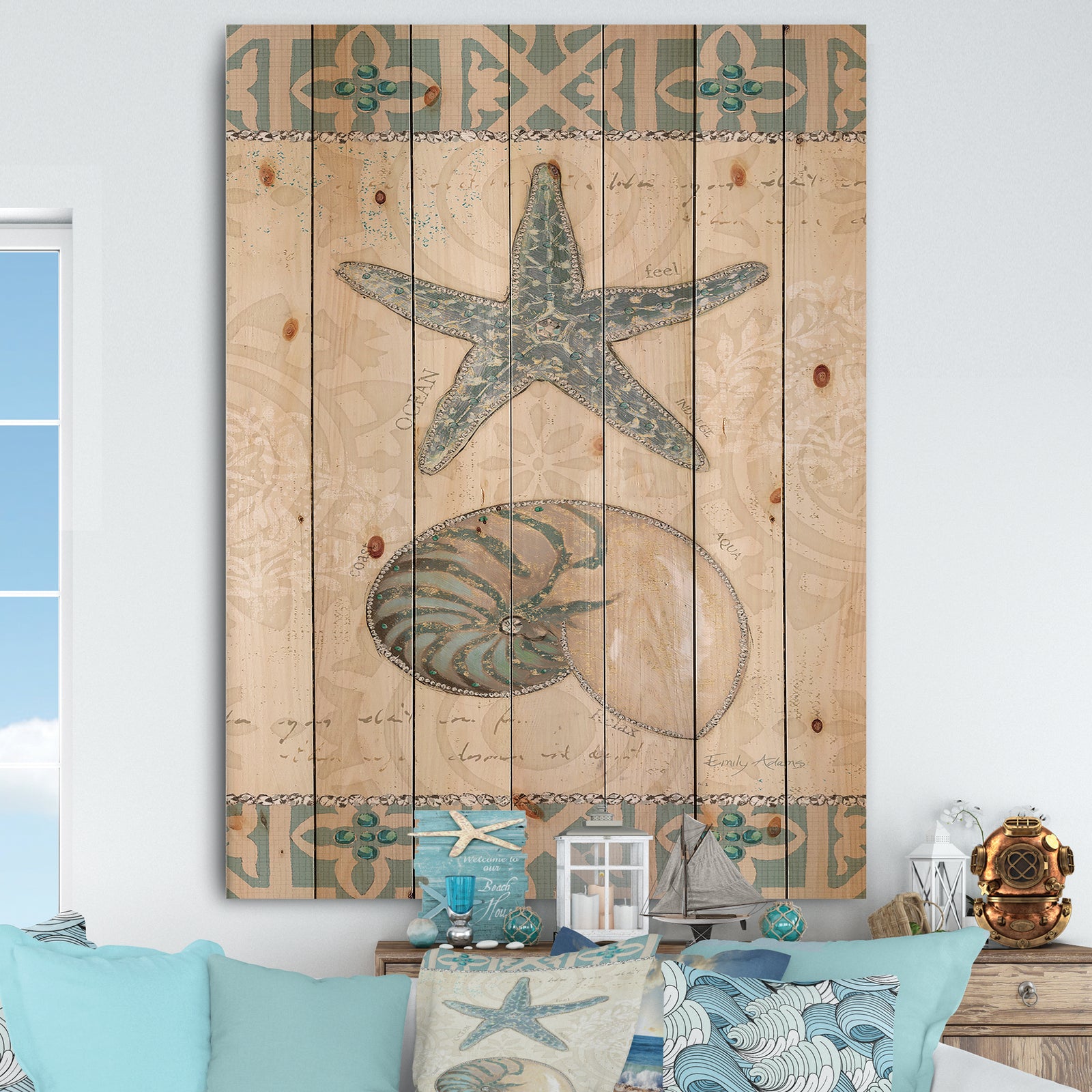 Seastar and Blue Sea Shell I - Nautical & Coastal Print on Natural Pine Wood