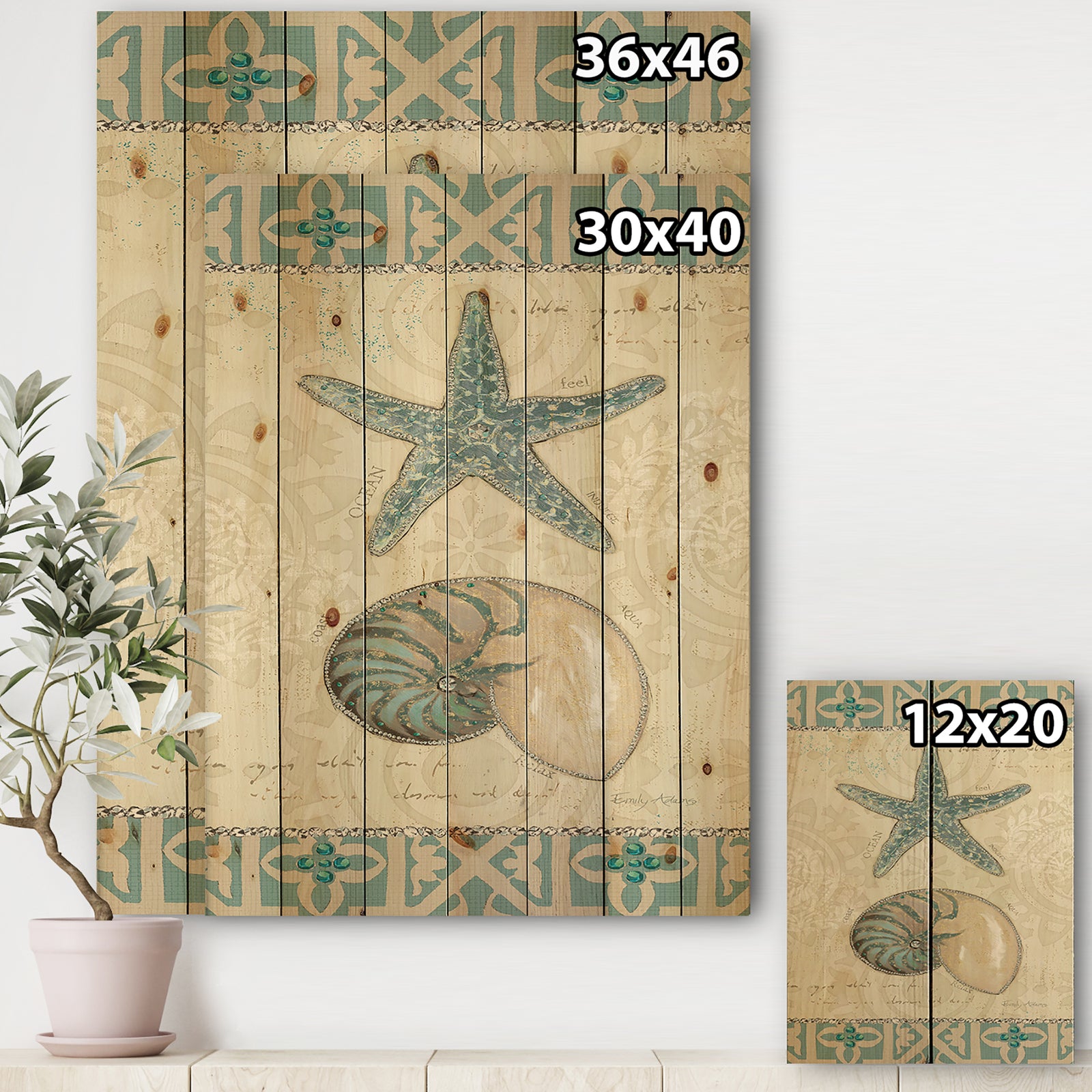 Seastar and Blue Sea Shell I - Nautical & Coastal Print on Natural Pine Wood