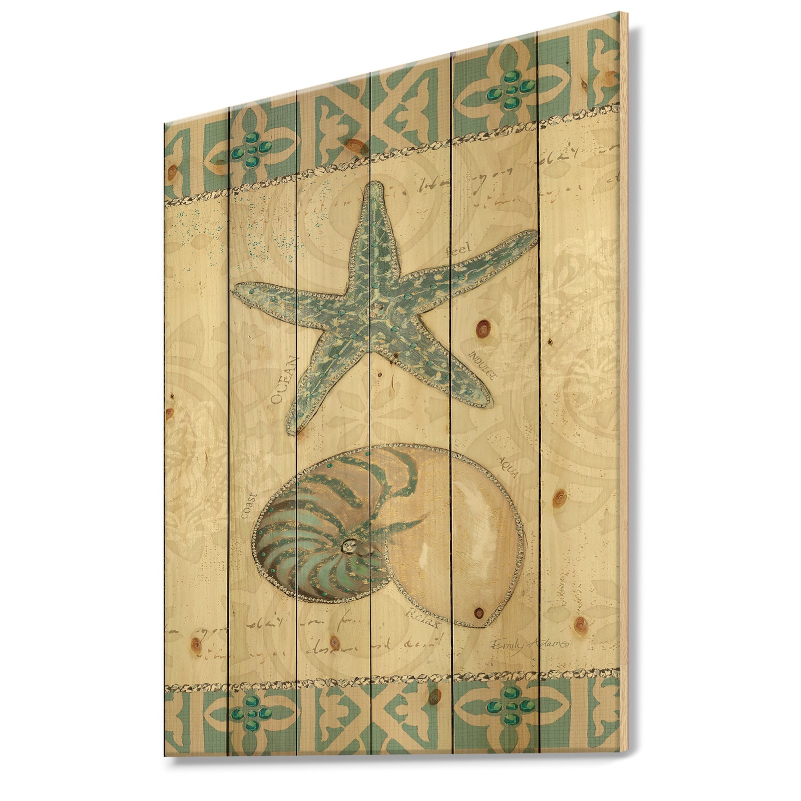 Seastar and Blue Sea Shell I - Nautical & Coastal Print on Natural Pine Wood