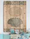 Seastar and Blue Sea Shell II - Nautical & Coastal Print on Natural Pine Wood
