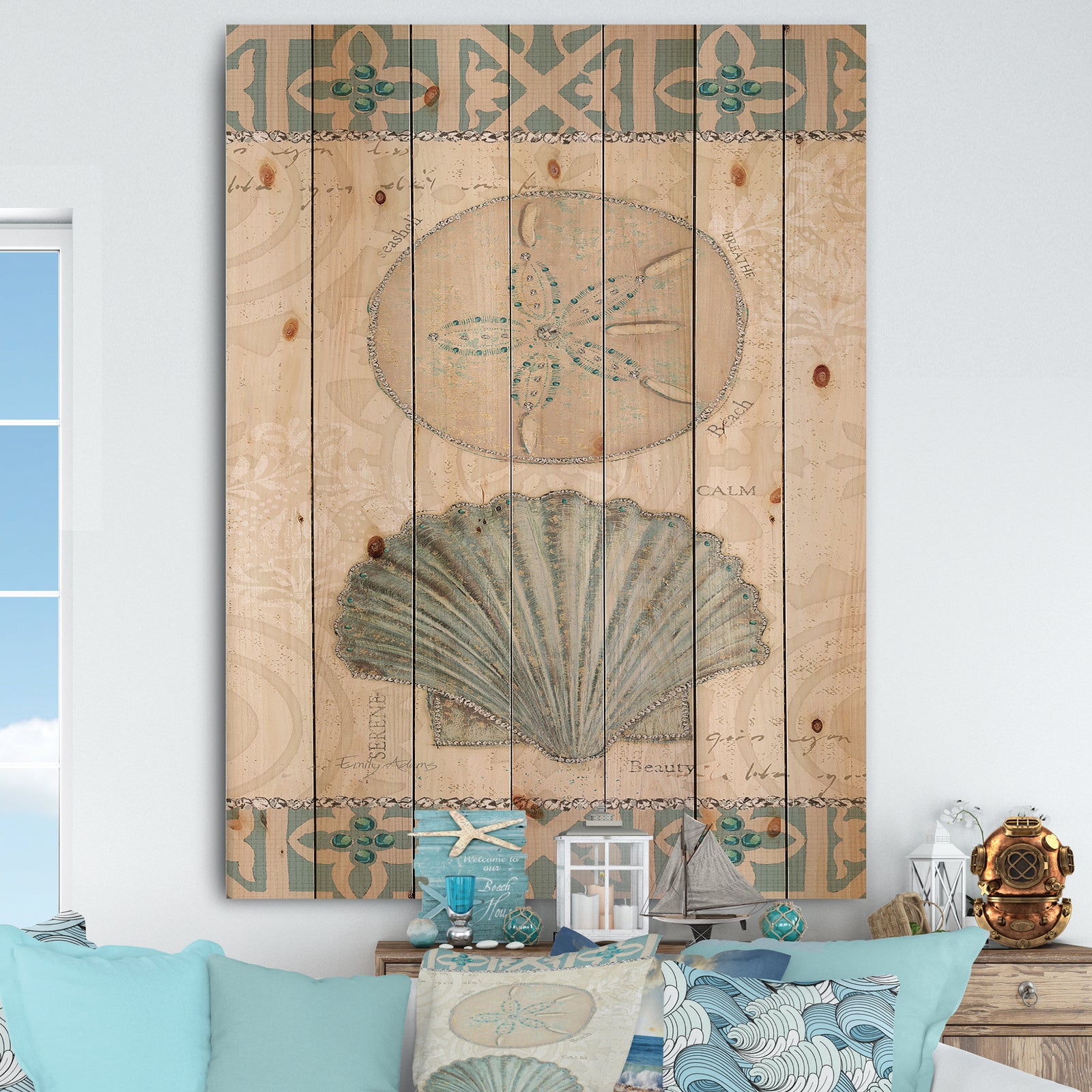 Seastar and Blue Sea Shell II - Nautical & Coastal Print on Natural Pine Wood