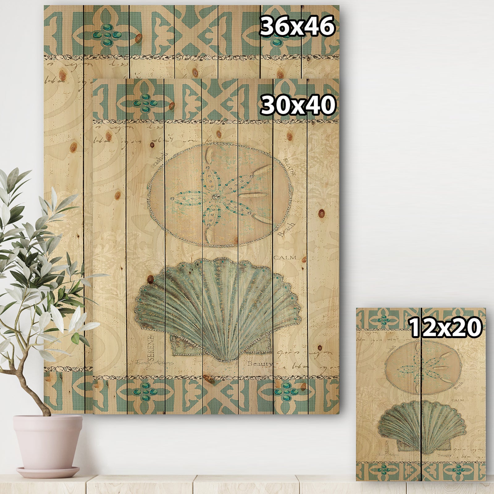 Seastar and Blue Sea Shell II - Nautical & Coastal Print on Natural Pine Wood