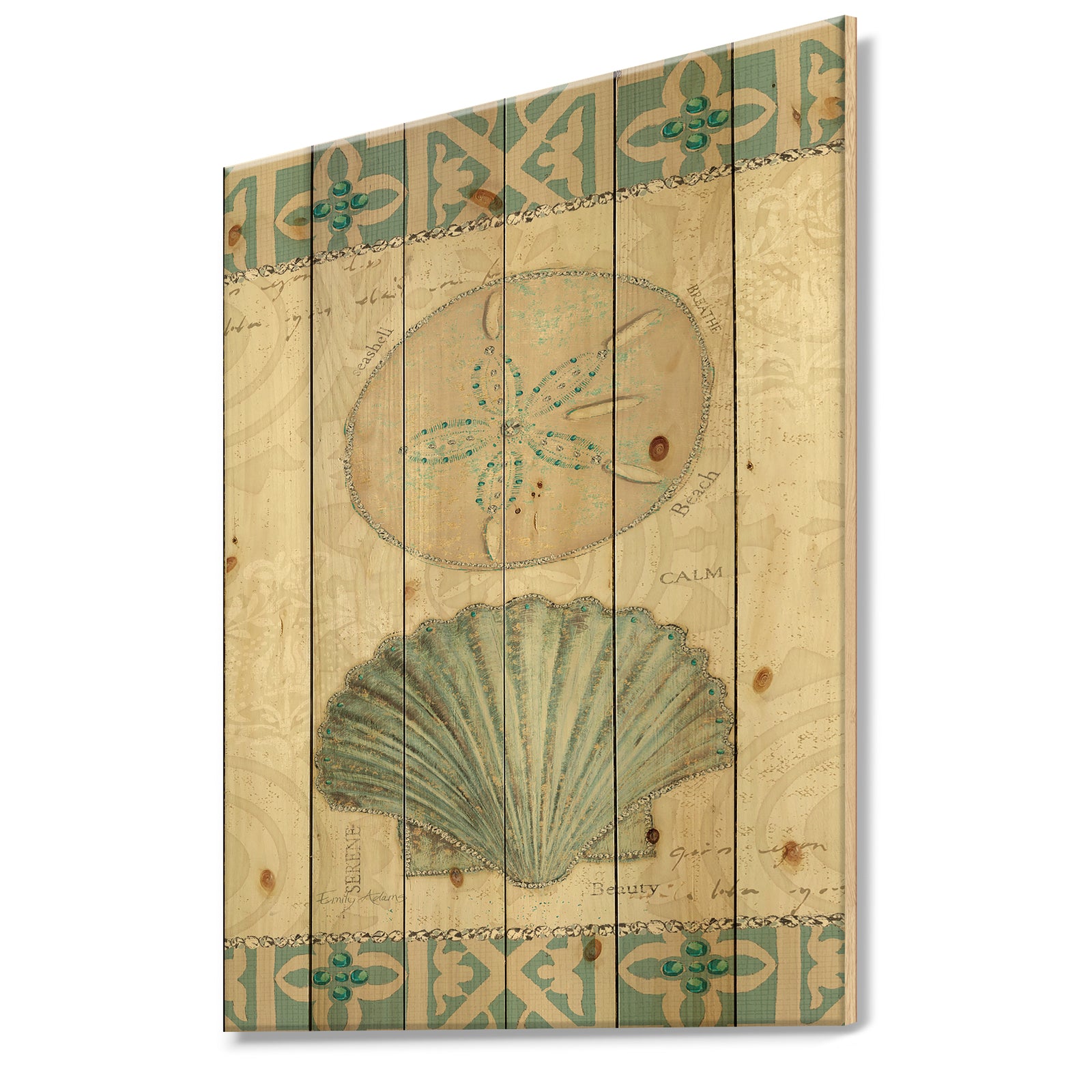 Seastar and Blue Sea Shell II - Nautical & Coastal Print on Natural Pine Wood