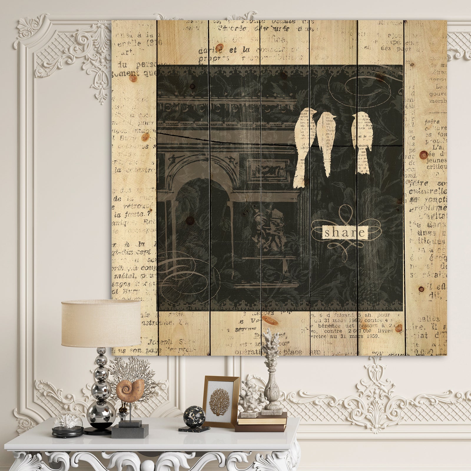 Paris Vintage Collage I - French Country Print on Natural Pine Wood