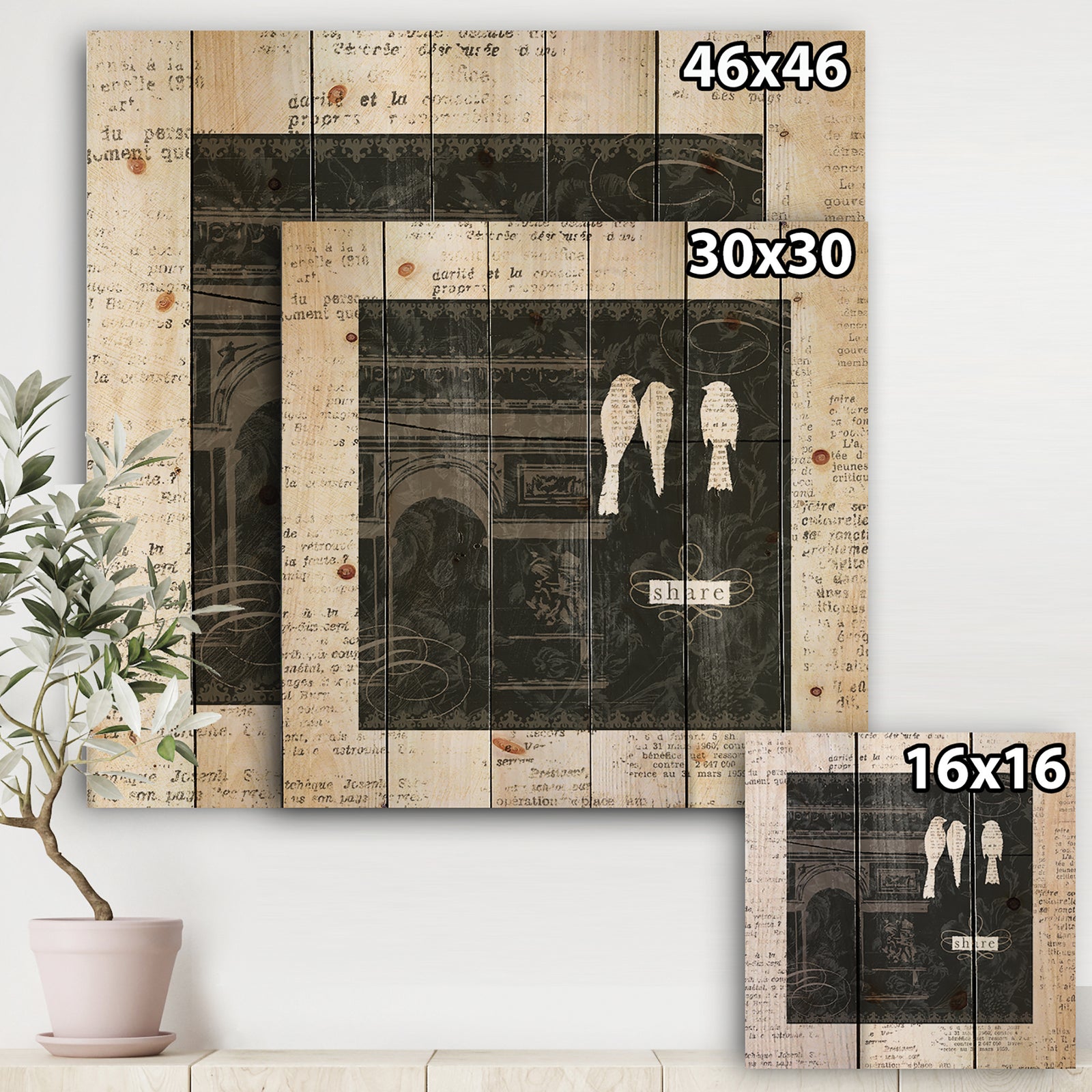 Paris Vintage Collage I - French Country Print on Natural Pine Wood