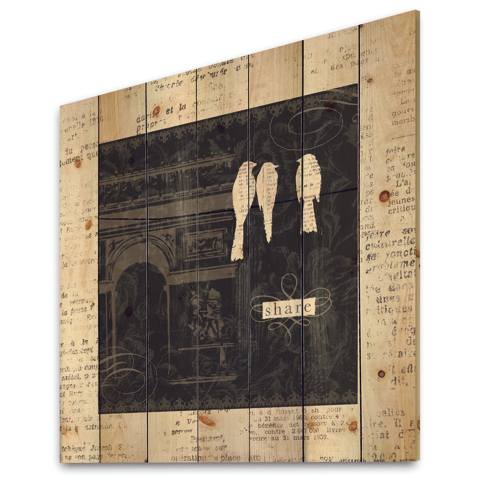 Paris Vintage Collage I - French Country Print on Natural Pine Wood