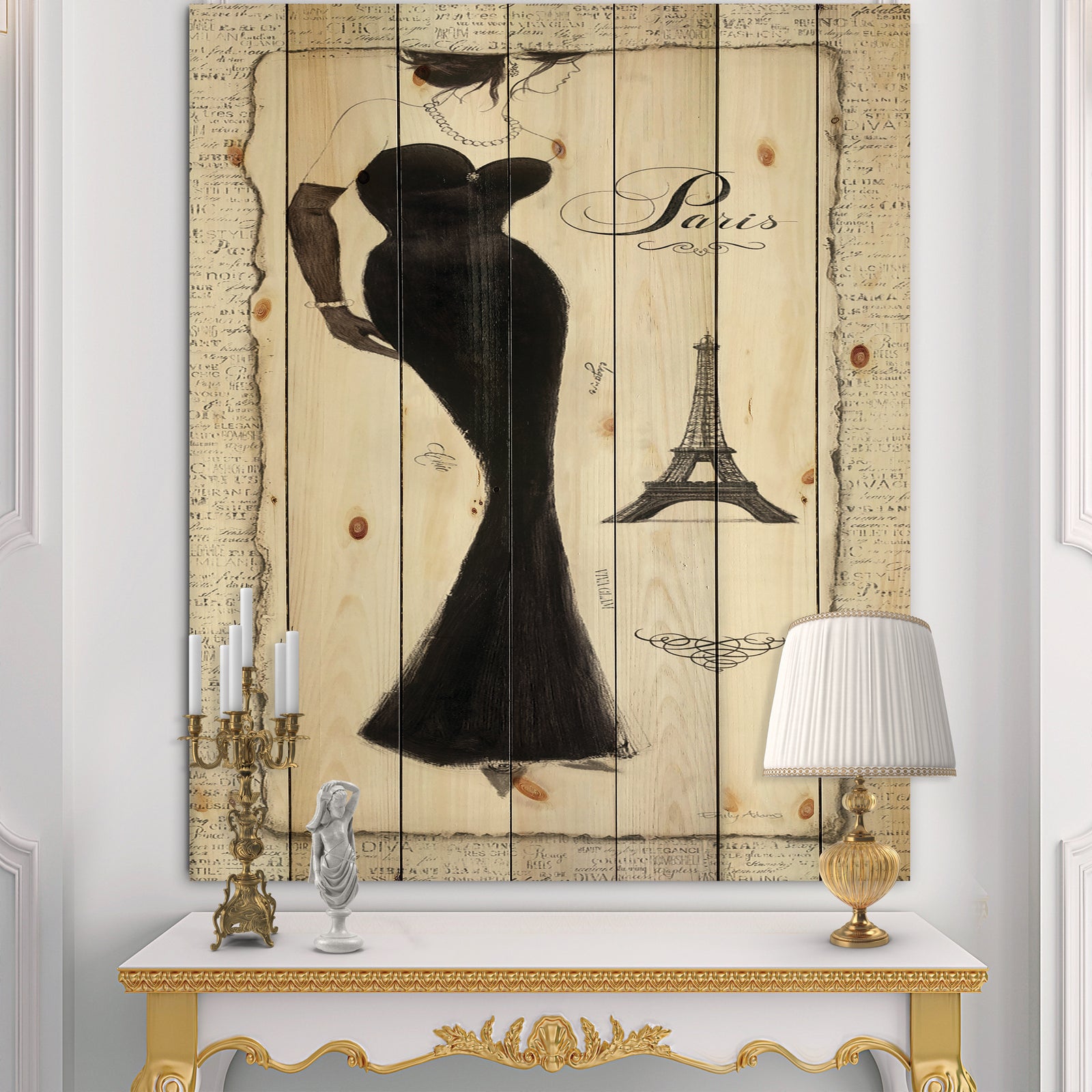 Elegance Glam Paris Diva I - Fashion Print on Natural Pine Wood