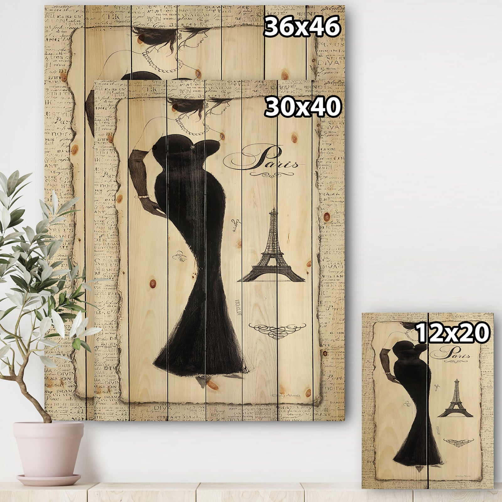 Elegance Glam Paris Diva I - Fashion Print on Natural Pine Wood