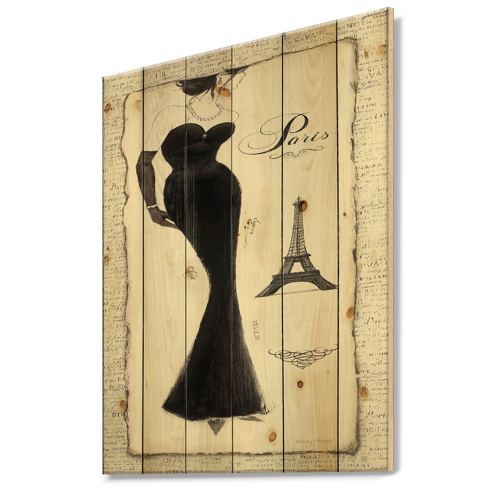Elegance Glam Paris Diva I - Fashion Print on Natural Pine Wood