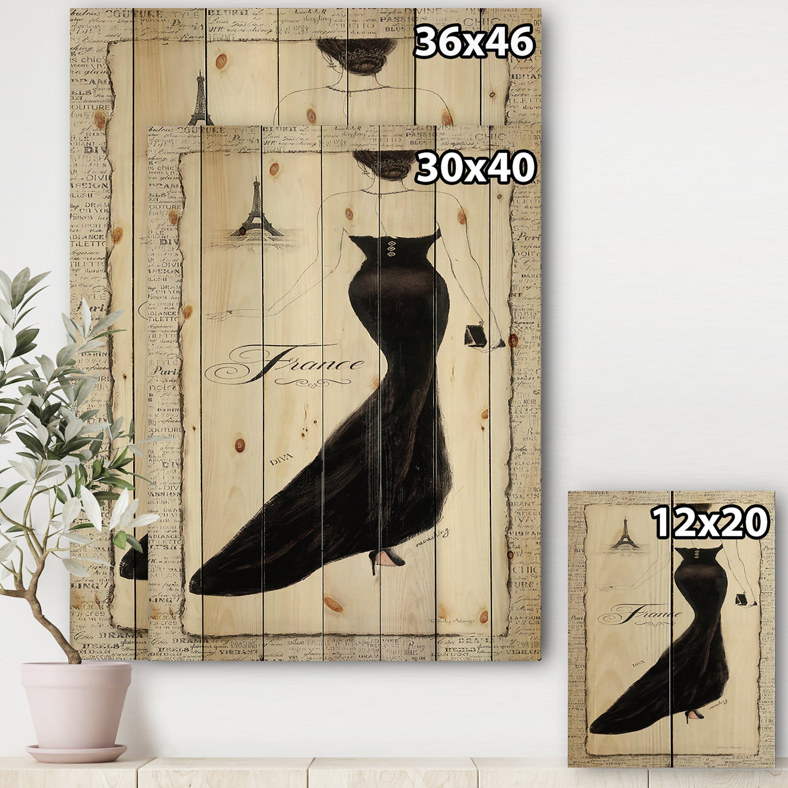 Elegance Glam Paris Diva II - Fashion Print on Natural Pine Wood