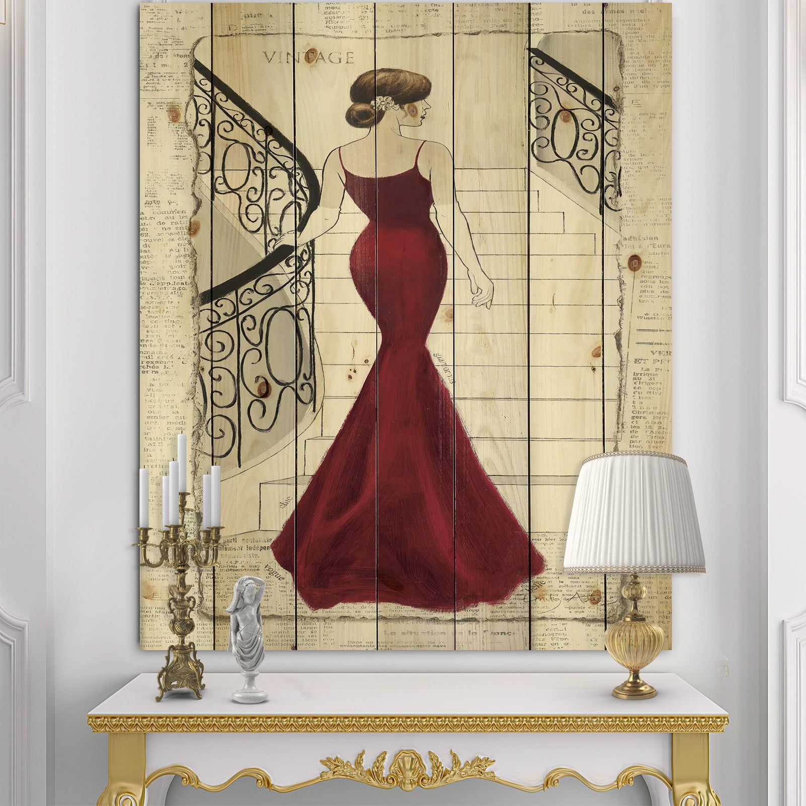 Elegance Glam Paris Diva III - Fashion Print on Natural Pine Wood
