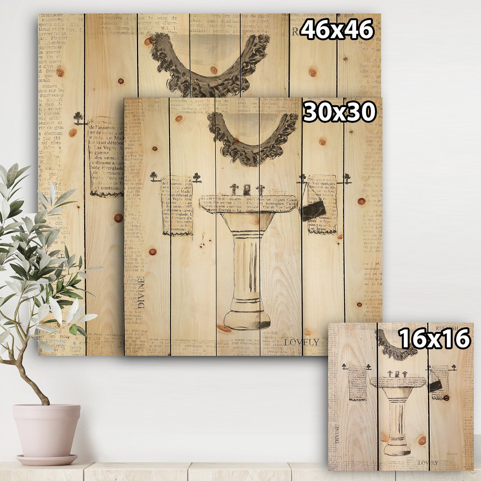 Paris Hotel Bathroom V - Traditional Bathroom Print on Natural Pine Wood