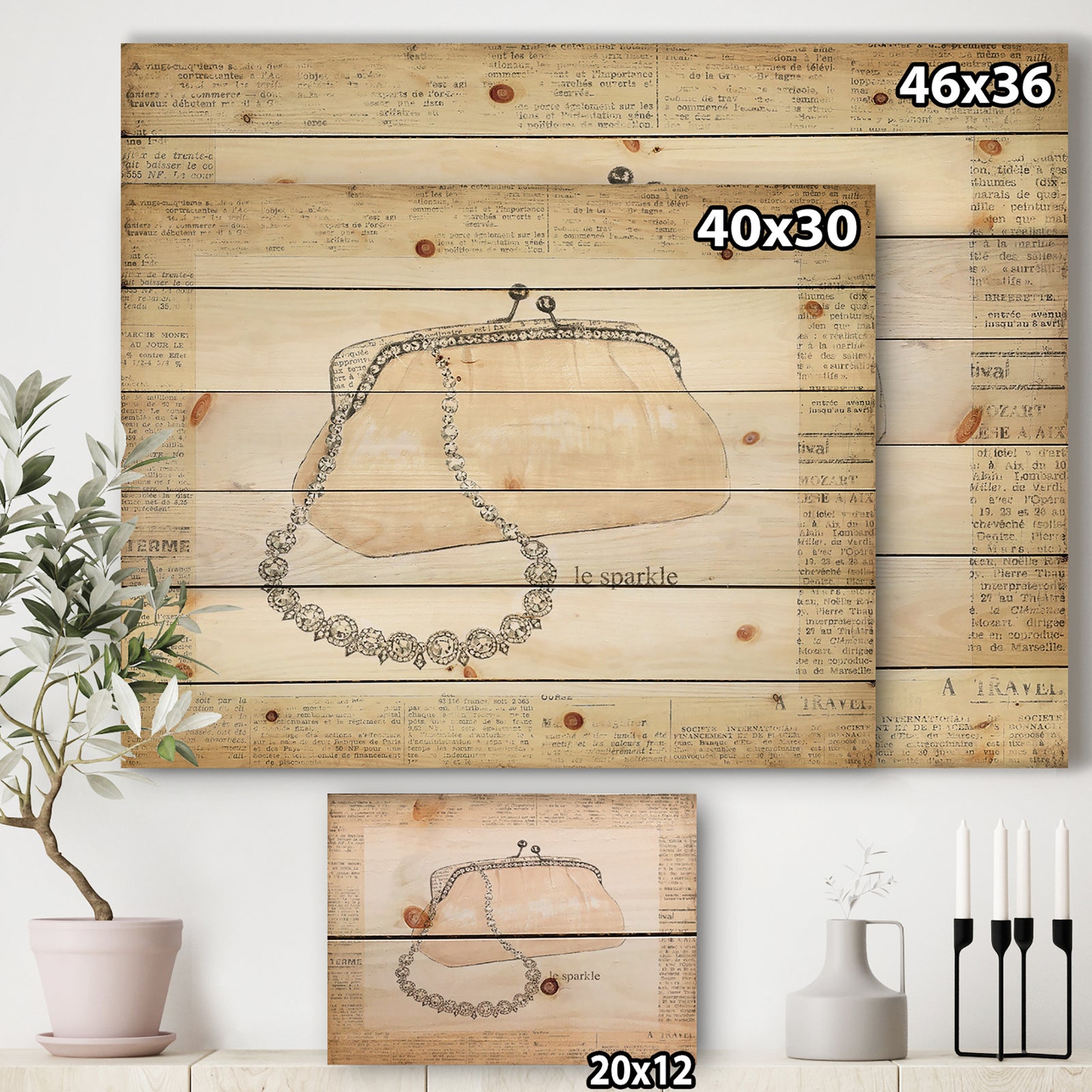 Glamorous Sparkle Purse I - Fashion Print on Natural Pine Wood