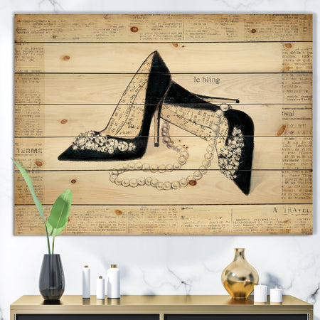 Glamorous Black Diamond Stiletto I - Fashion Print on Natural Pine Wood