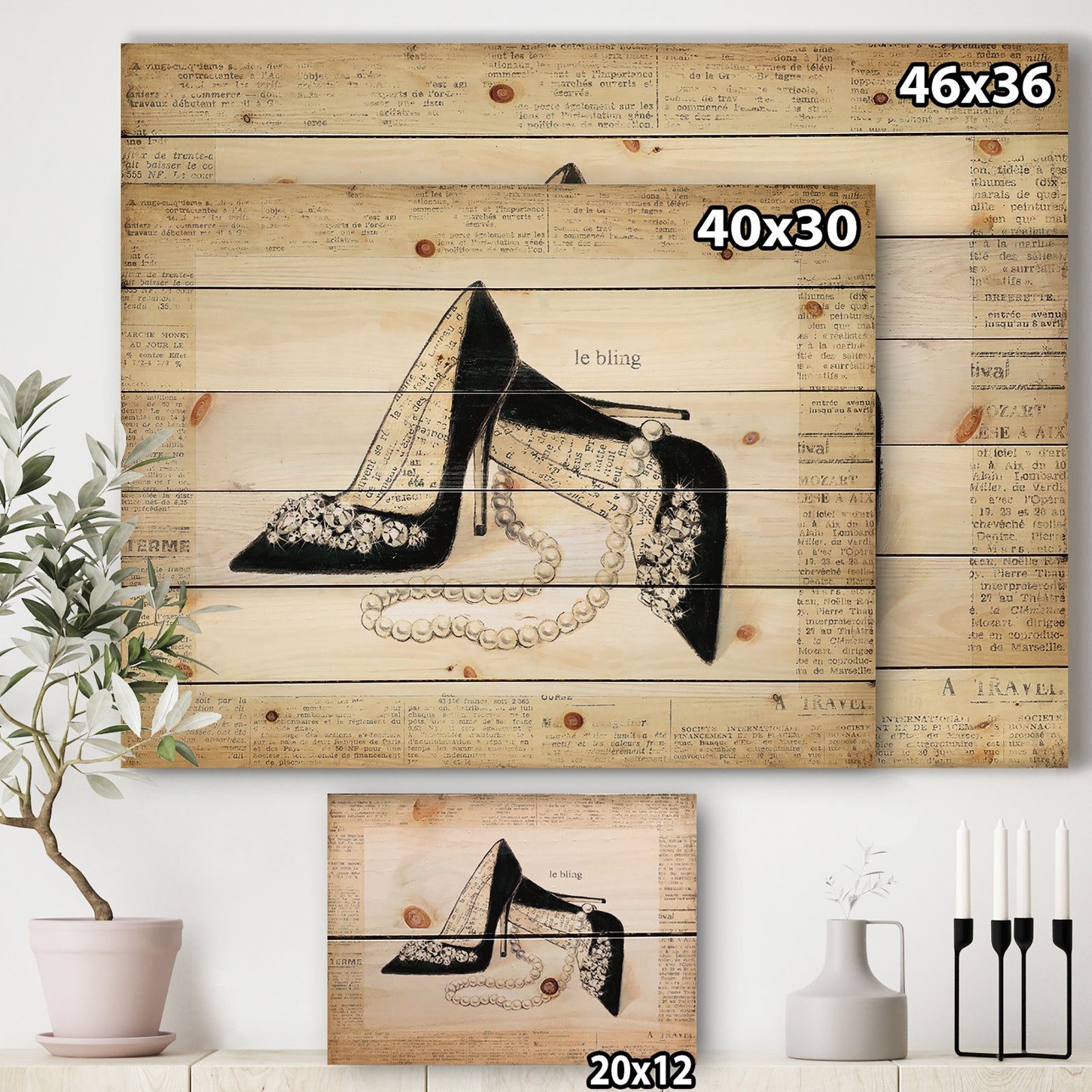 Glamorous Black Diamond Stiletto I - Fashion Print on Natural Pine Wood