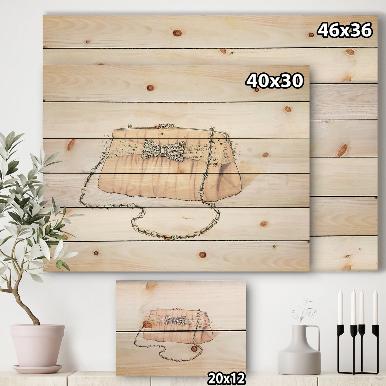 Glamorous Sparkle Purse II - Fashion Print on Natural Pine Wood
