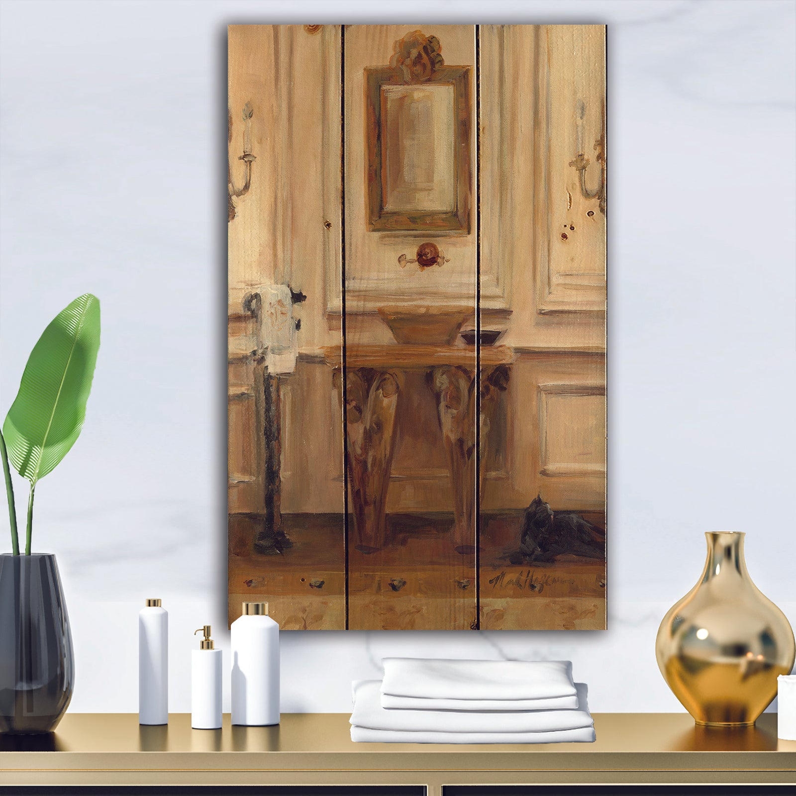 Vintage Paris Bathroom Painting - Traditional Bathroom Print on Natural Pine Wood