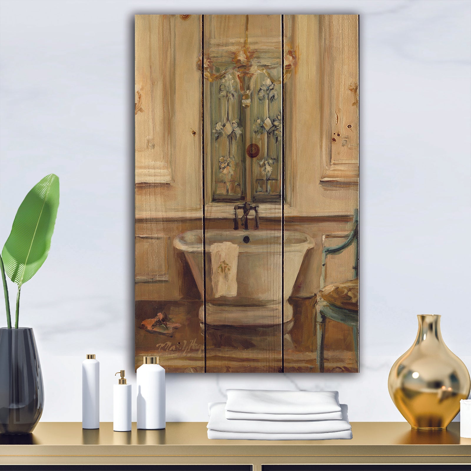 Vintage Paris Bathtub Painting - Traditional Bathroom Print on Natural Pine Wood