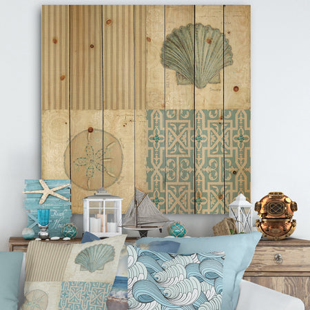 Beach Treasures Collage I - Traditional Bathroom Print on Natural Pine Wood