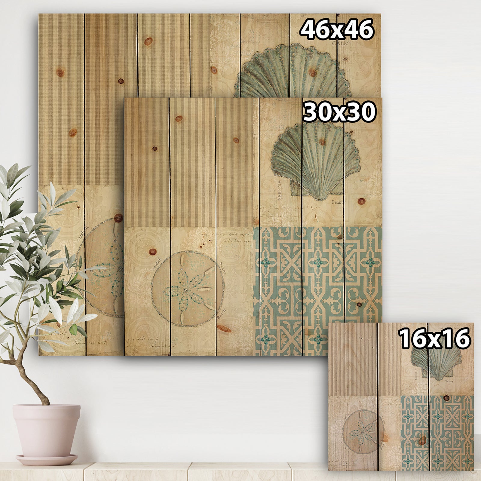 Beach Treasures Collage I - Traditional Bathroom Print on Natural Pine Wood