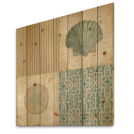 Beach Treasures Collage I - Traditional Bathroom Print on Natural Pine Wood