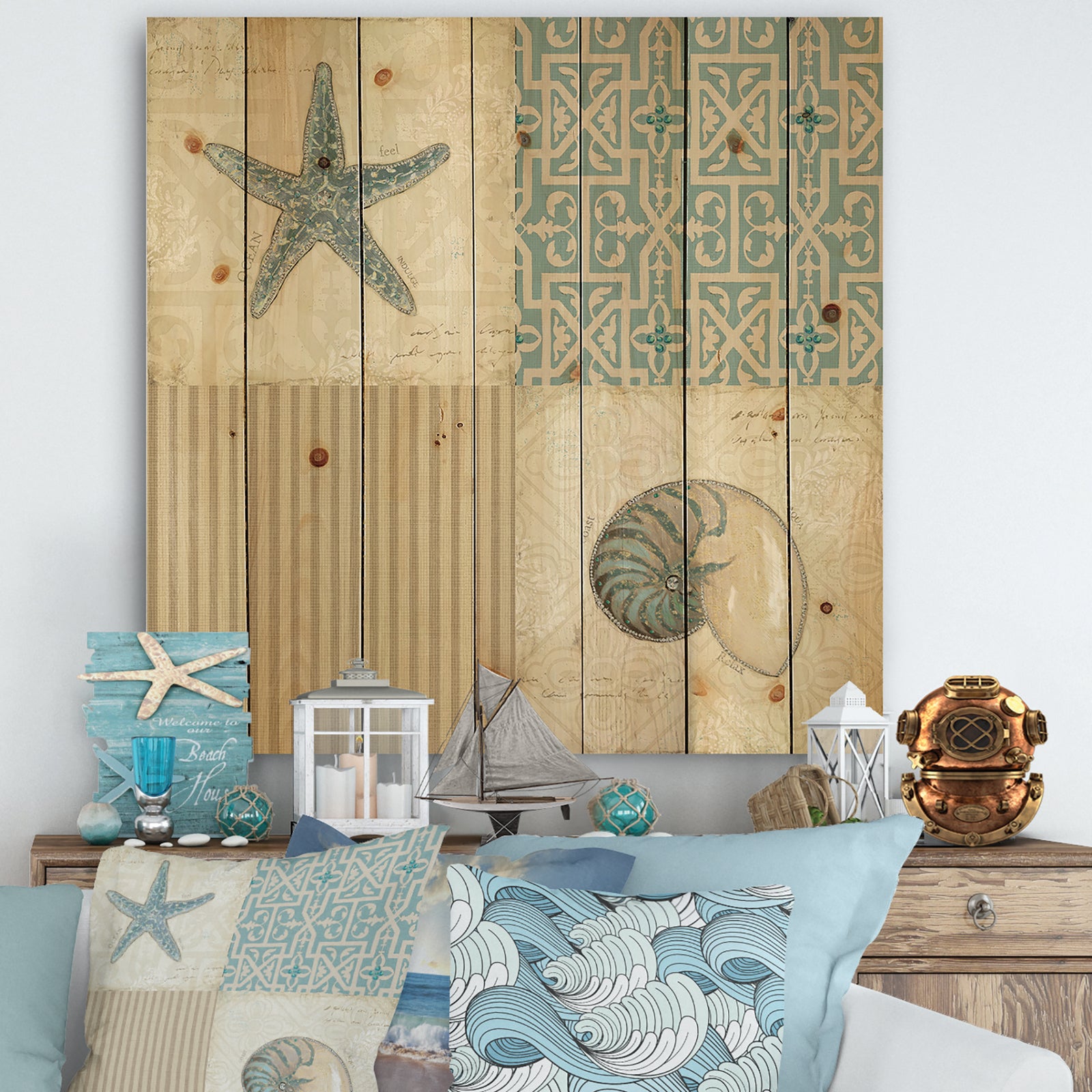 Beach Treasures Collage II - Traditional Bathroom Print on Natural Pine Wood