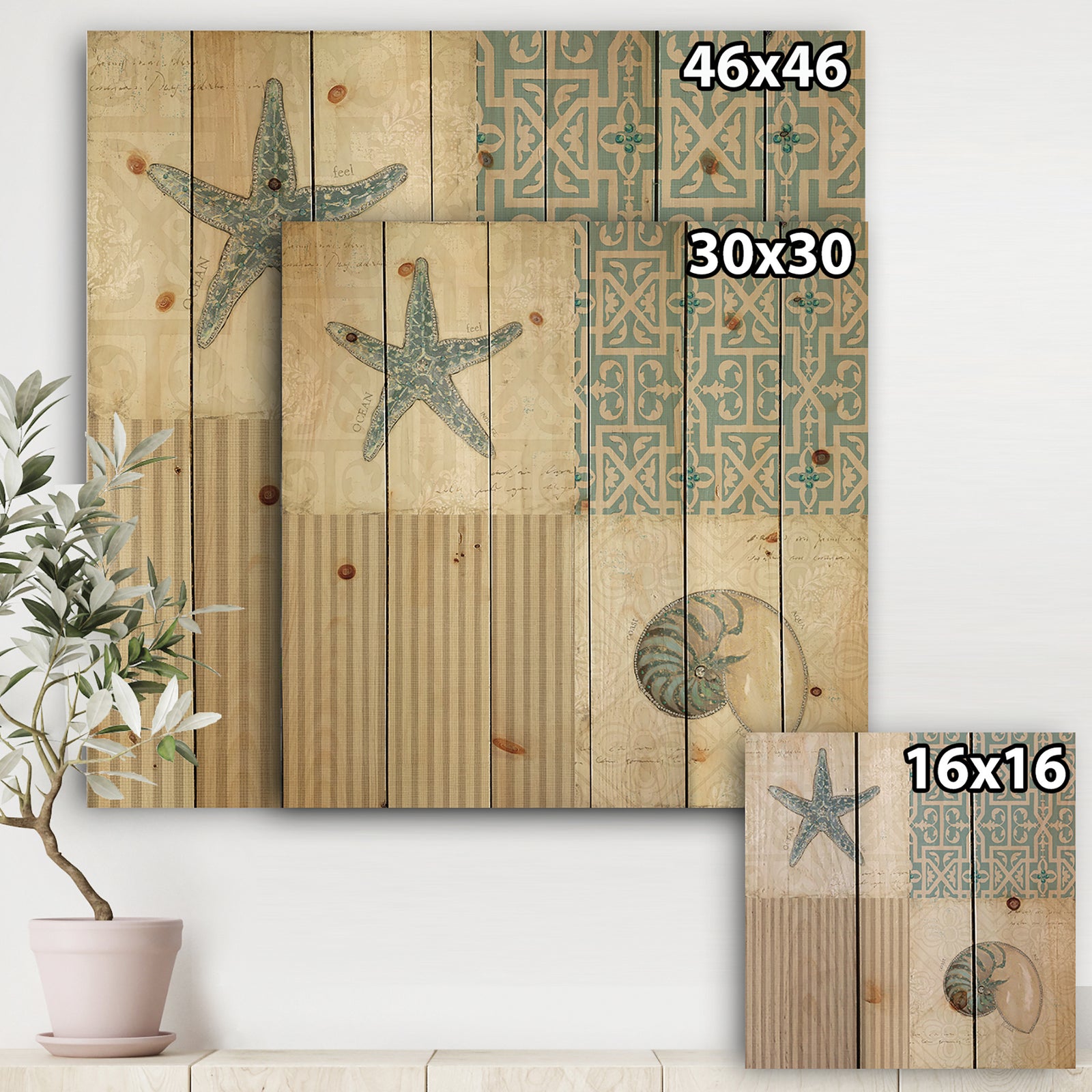 Beach Treasures Collage II - Traditional Bathroom Print on Natural Pine Wood