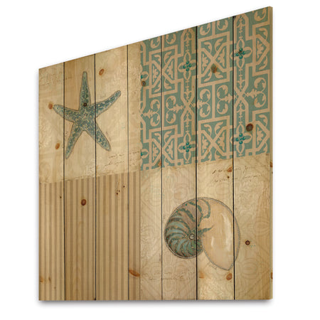 Beach Treasures Collage II - Traditional Bathroom Print on Natural Pine Wood