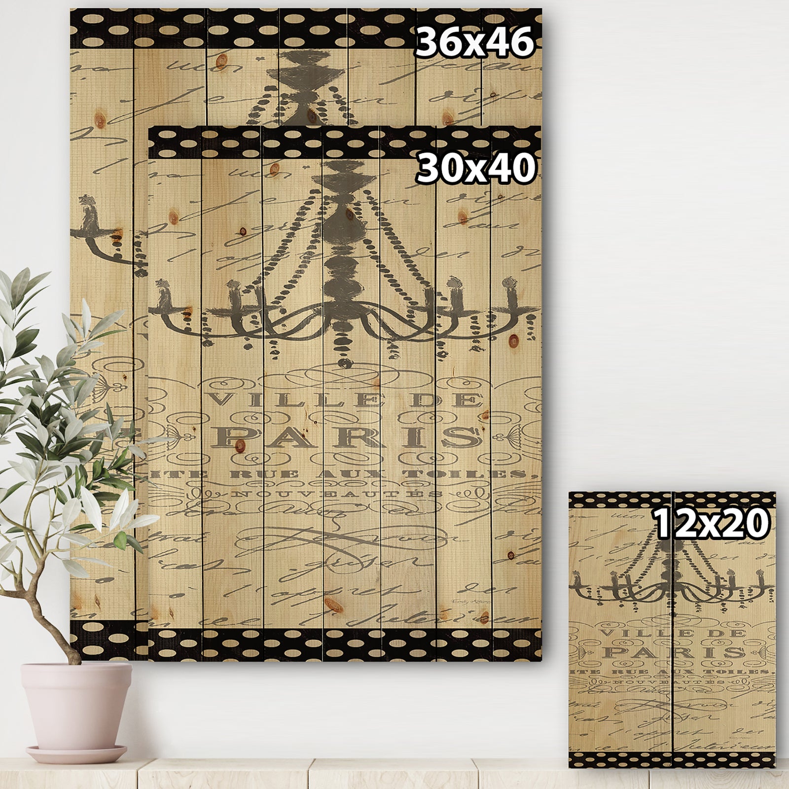 French chandeliers Couture I - Fashion Print on Natural Pine Wood
