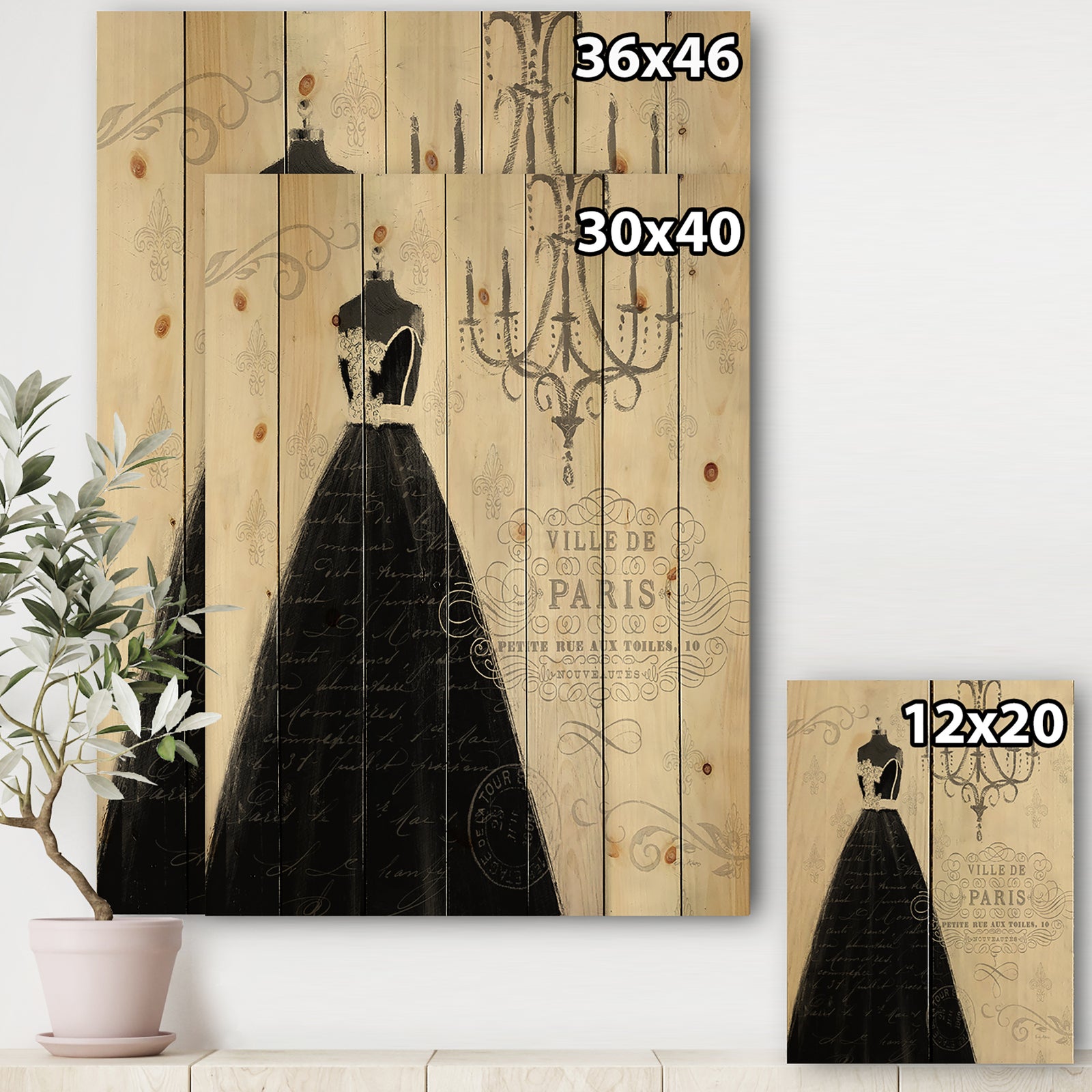 French chandeliers Couture IV - Fashion Print on Natural Pine Wood